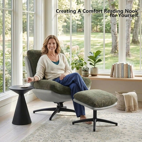 Woman relaxing on oversized 360 degree swivel accent chair with ottoman, heavy duty 400 lbs capacity, easy assembly, in a sunlit room.