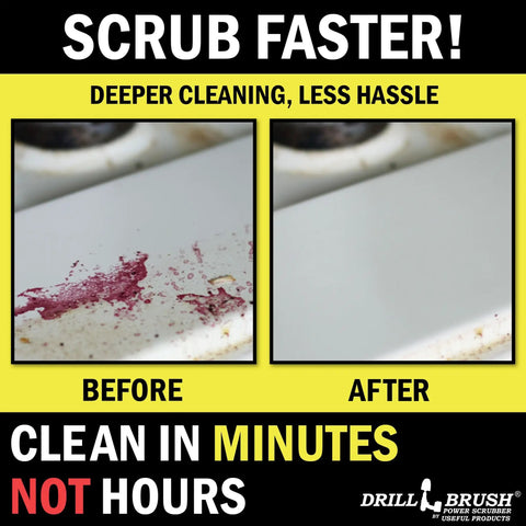 Before and after image of dirty and clean stove using Medium Drill Brush Attachments For Cleaning Tile Grout Dishes Pots Pans Air Fryers And Boat Hulls Cordless Power Spin Scrubber Drill Attachment Electric Dish Scrubber Spin Brushes That Work With Any Drill