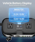 Tough Car Power Inverter Converts 12V DC To 110V AC Featuring USB C And USB A Fast Charging Ports Fits Standard Cup Holders displays battery voltage.