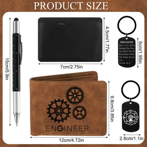 Engineer Gadget Gift Set For Men With Retro Brown Wallet 6 In 1 Multi Tool Pen Keychain Credit Card Multitool Box For Him