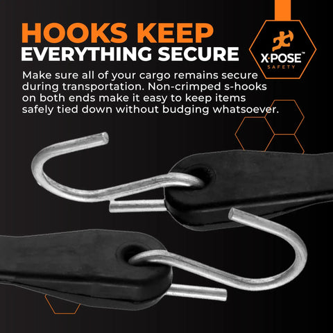 Close-up of hooks on Heavy Duty Rubber Bungee Cords With Hooks 25 Pack 15 Inch Long 23 Inch Max Stretch Black Tie Down Straps