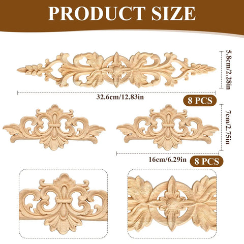 Top Shelf 16 Piece Hand Carved Wood Appliques Set Featuring Slick Unpainted DIY Decorative Wooden Trim And Embellishments For Cabinets Dressers Beds And Walls With Two Dang Perfect Sizes, includes two styles of carved wood trim.