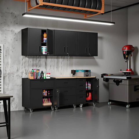 Beefy Heavy Duty Garage Storage Cabinet Set 6pc With Lockable Rolling Tool Cabinets And Adjustable Shelves in workshop setting