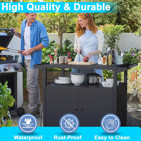 Weather Resistant Outdoor Grill Table With Storage And Mobility, Movable Bbq Grill Cart For Patio And Backyard in use