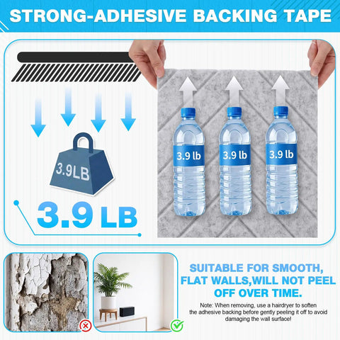 18 Pack Peel and Stick Acoustic Panels for Walls with strong-adhesive backing tape and weight capacity of 3.9 lb.