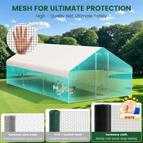 Large Walk In Chicken Coop With Solar Light And Outdoor Metal Poultry Cage With Run And Hardware Cloth Built Tough Waterproof And UV Resistant Hen House For Farm And Backyard, showcasing sturdy hardware cloth.