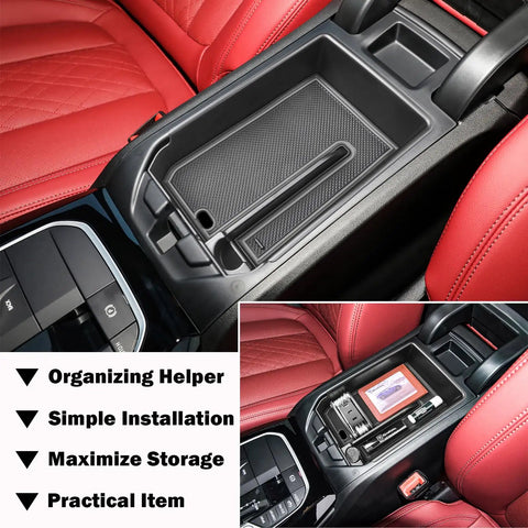 BMW X3 G01 2018-2024 And BMW X4 G02 2019-2025 Center Console Organizer Tray, black plastic, installed in vehicle armrest, close-up view