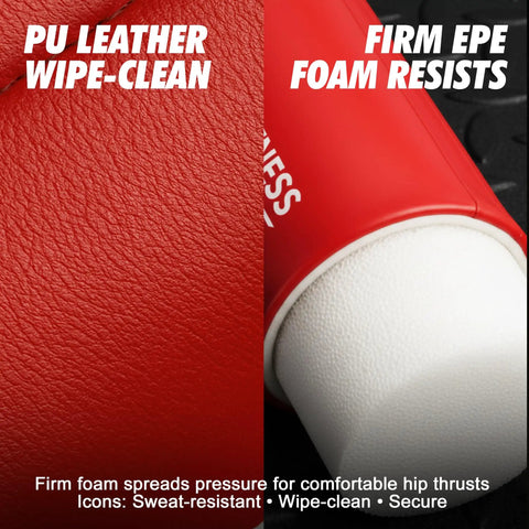 Hip Thrust Barbell Pad Extra Thick For Glute Gains showing red PU leather and firm EPE foam construction details