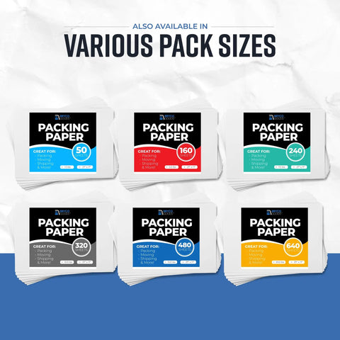 Movers Favorite Packing Paper Sheets 640 Count 27 By 17 Inches 20 Lb Newsprint Made In USA multiple pack sizes displayed