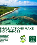 Scenic view of ocean and slogan 'Small Actions Make Big Changes' highlighting reusable eco-friendly 24 Pack Reusable Food Storage Bags Dishwasher Safe Microwave Safe BPA Free Freezer Bags For Easy Meal Prep And Fridge Organization With 8 Gallon 8 Sandwich And 8 Snack Sizes