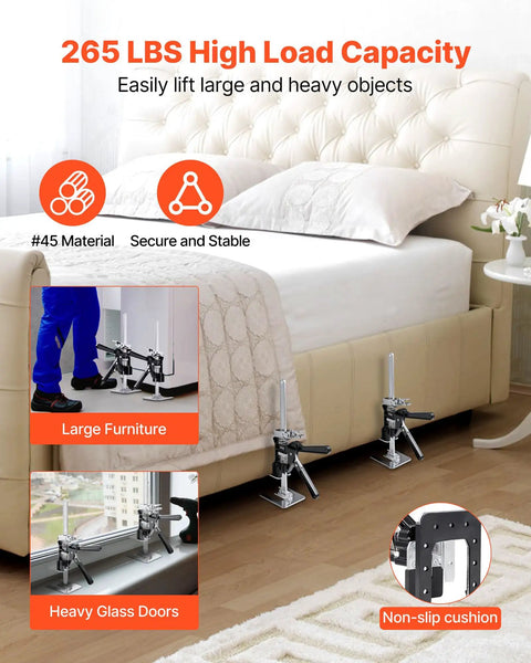 2 Pack Heavy Duty Steel Labor Saving Arm Jacks, 265 Lb Rated Lifts 6.5 Inches Flat, Magnetic Level And Quick Swap Adjustments For No Sweat Furniture Moves And Tiny Space Wins