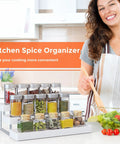 Three Tier Expandable Spice Rack Organizer For Cabinet And Countertop Fully Adjustable Width Design Dead Simple Pantry Layout White Matte Finish with jars in kitchen.