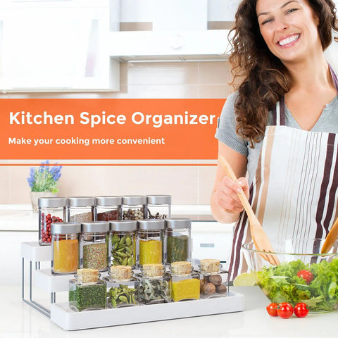 Three Tier Expandable Spice Rack Organizer For Cabinet And Countertop Fully Adjustable Width Design Dead Simple Pantry Layout White Matte Finish with jars in kitchen.