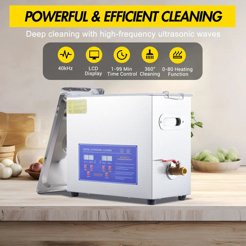 6.5 Liter Commercial Ultrasonic Cleaner With 40khz Kick And Built In Heater Hella Effective At Jewelry Watches Lab Parts Stainless Steel Tank Digital Timer Controls in an indoor setting.