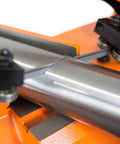 Heavy Duty Metal Band Saw With Stand For Home Shop, Auto Shutoff, metal cutting blade on orange base, close-up