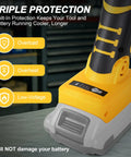 Built Like a Tank Brushless Cordless Die Grinder with 26000 RPM Four Speed Controls showing battery protection features.