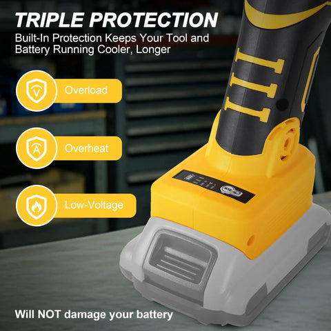 Built Like a Tank Brushless Cordless Die Grinder with 26000 RPM Four Speed Controls showing battery protection features.
