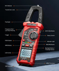 Digital Clamp Meter Multimeter With Auto-Ranging 4000 Counts For AC And DC Voltage And Current, Resistance, Capacitance, Frequency, Duty Cycle, Diode, Continuity, Live Wire NCV Test, Non Contact Voltage Detection, Pro Grade Tool For Pros And DIY close-up with labeled LCD and clamp jaws