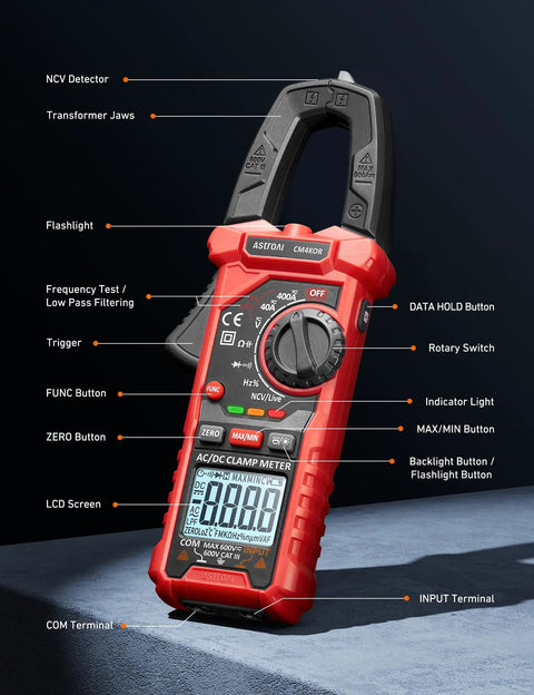 Digital Clamp Meter Multimeter With Auto-Ranging 4000 Counts For AC And DC Voltage And Current, Resistance, Capacitance, Frequency, Duty Cycle, Diode, Continuity, Live Wire NCV Test, Non Contact Voltage Detection, Pro Grade Tool For Pros And DIY close-up with labeled LCD and clamp jaws