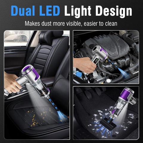 Cordless Handheld Car Vacuum With 22000 Pa High Power Suction and LED Light cleaning car seats and engine