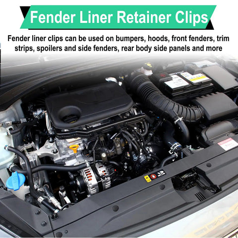 Engine bay showing car parts compatible with 20 Pcs Fender Liner Push Type Retainer Clips For Bumper And Engine Under Cover