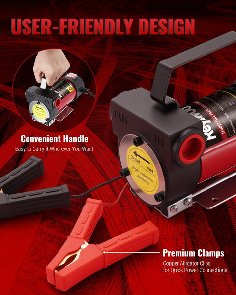 No Sweat Diesel Transfer Pump With 12v Dc Motor And Self Priming Build shows convenient handle and premium alligator clips for easy use.