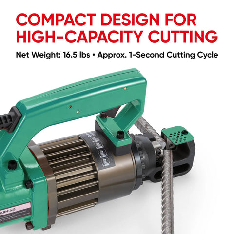 Close-up of PeresQ 1000W Portable Electric Hydraulic Rebar Cutter, lightweight design with cutting mechanism and handle.