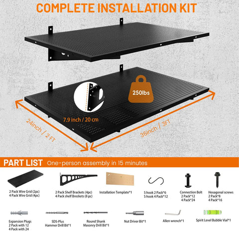 Installation kit with 2-Pack Heavy Duty Wall Shelves 2x3ft, 500 lb capacity, showing black deep flat panels and parts list.