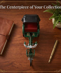 Deadset Cool Design 1:12 Scale Alloy Tricycle Model And Three Wheeled Rickshaw Miniature Figurine In Green on a wooden table.