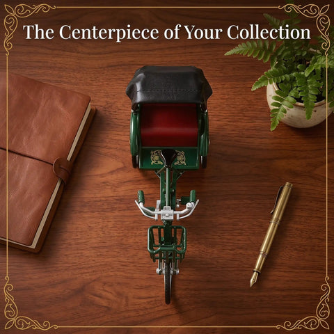 Deadset Cool Design 1:12 Scale Alloy Tricycle Model And Three Wheeled Rickshaw Miniature Figurine In Green on a wooden table.