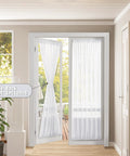 Airy Sheer Door Curtain Panel 25 By 72 Inches White Linen Look Voile With Rod Pocket For French Doors And Patio Glass Doors Easy Breezy Light Filtering Privacy 1 Panel displayed on doors with garden view