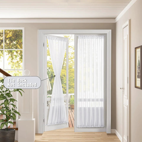 Airy Sheer Door Curtain Panel 25 By 72 Inches White Linen Look Voile With Rod Pocket For French Doors And Patio Glass Doors Easy Breezy Light Filtering Privacy 1 Panel displayed on doors with garden view