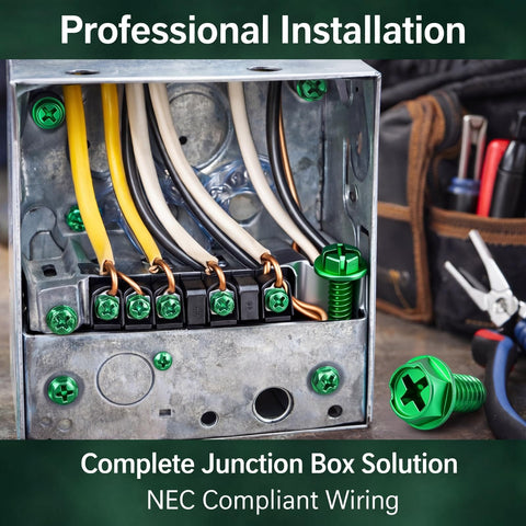 Bulk 100 Pcs Grounding Screws For Electrical Boxes 10-32 X 3/8 Inch Green Hex Head Slotted Washer Grounding Screws Set shown installed in junction box.