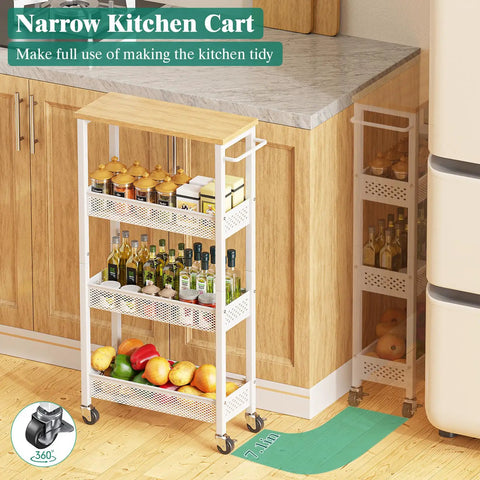 Slim Rolling Storage Cart, 4 Tier Mobile Organizer With Wood Top And Handle, Perfect Narrow Space Shelving For Kitchen, White Finish