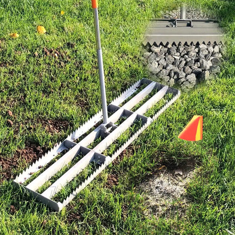 2-In-1 Lawn Leveling Rake With Flat And Serrated Sides, 48-Inch Heavy-Duty Stainless Steel, on grass with marking flag and rocks