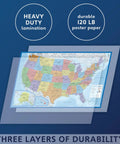 Durable Laminated World Map And US Map Poster Set 18 By 29 Inches Wall Chart Maps Of The World And United States Made In The USA Tear Resistant 3 Mil Lamination Must-Have For Classrooms Home Office Or Study Space with heavy-duty lamination showing layers.