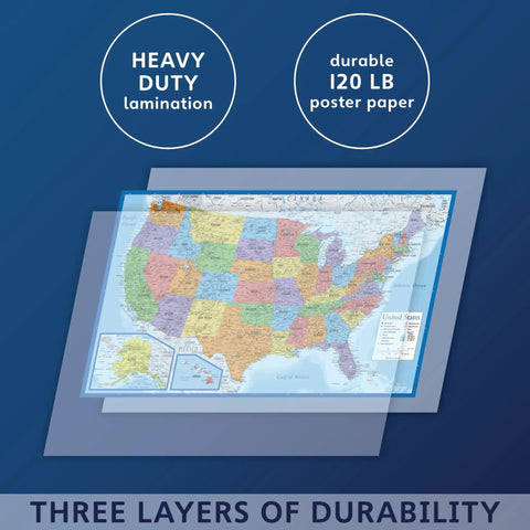 Durable Laminated World Map And US Map Poster Set 18 By 29 Inches Wall Chart Maps Of The World And United States Made In The USA Tear Resistant 3 Mil Lamination Must-Have For Classrooms Home Office Or Study Space with heavy-duty lamination showing layers.