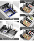 Stainless steel kitchen sink 76 x 50 cm 360° swivel faucet black cutting board included combining durability and style perfect for modern kitchens, showcasing usage features.