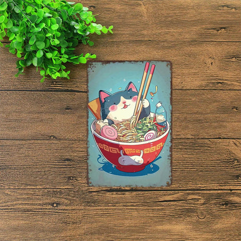 Cat In Ramen Bowl Vintage Metal Sign Wall Art 8x12 Tin Sign Poster For Home Office Garage Decor Cute Kitchen Wall Accent Rustic Charm