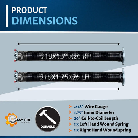 Heavy Duty Garage Door Torsion Springs 218 By 1.75 By 26 Inch Pair Left And Right Hand Wound Coated Steel With 15000 Plus Cycles