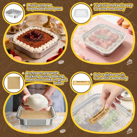 30 Pack Disposable Aluminum Foil 8x8 Inch Square Pans With Lids Parchment Paper Sheets And Stickers Kit For Easy Bake Store Transport And Takeout Grab And Go For Parties And Meal Prep