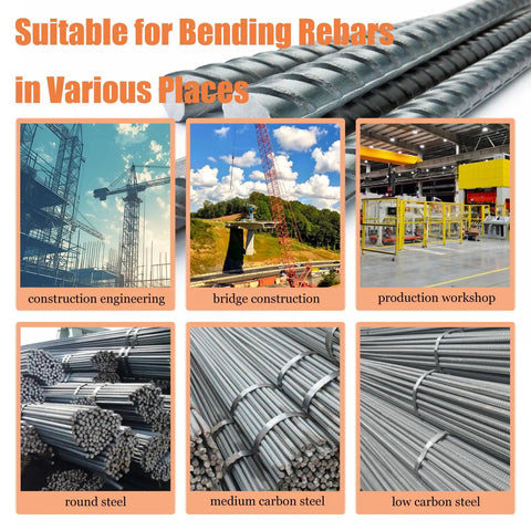 Heavy Duty Electric Rebar Bender And Cutter Machine For Concrete Construction Handles Quarter Inch To One Inch Steel Rods Smoothly Up to 180 Degrees showcased in diverse construction settings.