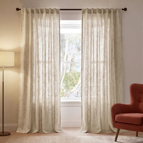 Rich Natural Linen Blend Farmhouse Curtains, 52 By 90 Inches, Two Panels, Rod Pocket And Back Tab Privacy With Light Filtering in living room