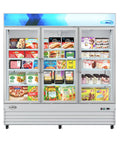 Heavy Duty Triple Glass Door Upright Freezer Merchandiser In Crisp White 52 Cubic Feet Commercial Display Cooler with frozen foods visible