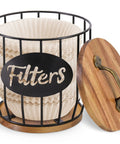 Image of a Rustic Coffee Filter Holder With Lid Built From Acacia Wood And Metal Convenient Countertop Dispenser Keeps Paper Filters Handy