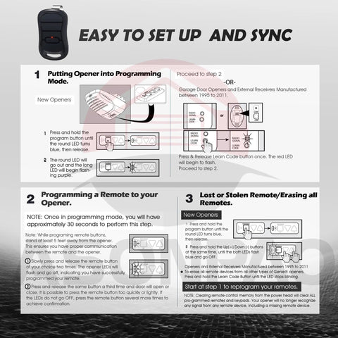 Setup instructions for 2-Pack G3T R Remote Replacement for Genie Garage Door Opener With Auto Seek and Rolling Code shown