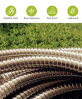 Three 50ft silver stainless steel garden hoses coiled; flexible, heavy-duty metal for outdoor watering tasks