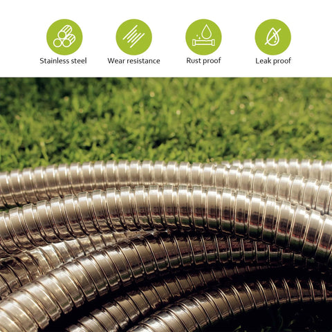 Three 50ft silver stainless steel garden hoses coiled; flexible, heavy-duty metal for outdoor watering tasks