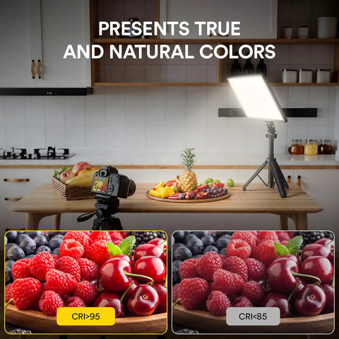 Soft 13 Inch LED Video Light Panel With 8000mAh Battery illuminating fruit on a kitchen counter with high CRI 95 plus rating