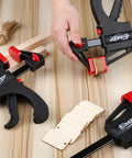 One Handed Bar Clamps for Woodworking Set 6 Inch F Clamp with Quick Change Mechanism 130 Lb Load Light Duty 4 Pack in use